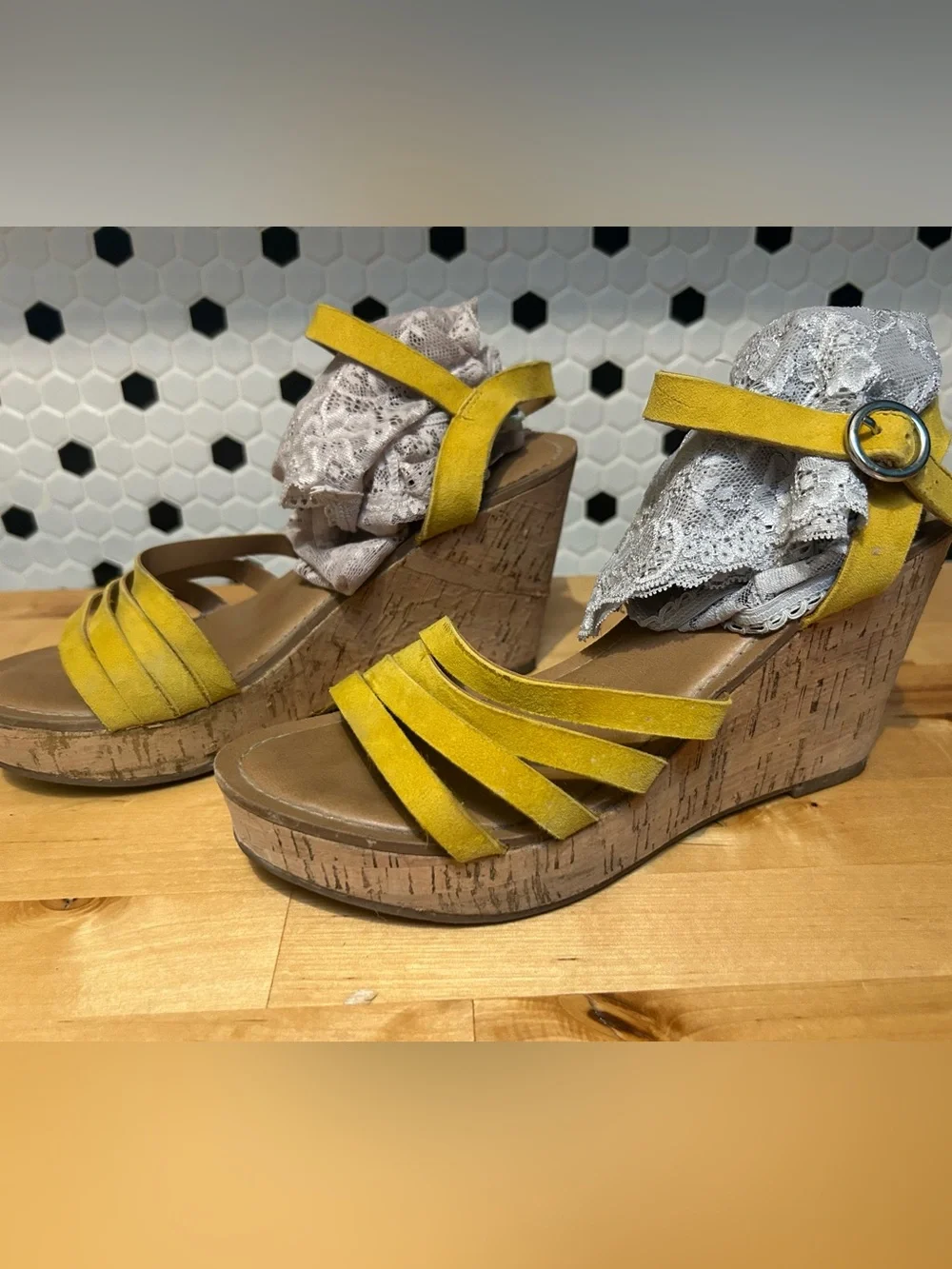 Franco Sarto Yellow Suede Cork Wedge Sandal